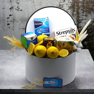 Get Well Soon Winter Wellness Essentials, Strepsil, Panadol, Honey, Vicks Vaporub, Ginger and Lemon Tea, Round Box